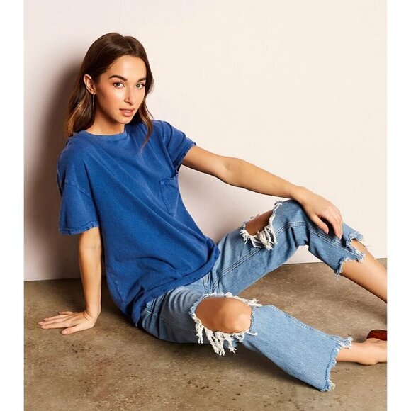 FREE PEOPLE Maggie Straight Leg Mid Rise Distressed Denim Jeans in Blue US 28 - Picture 14 of 14